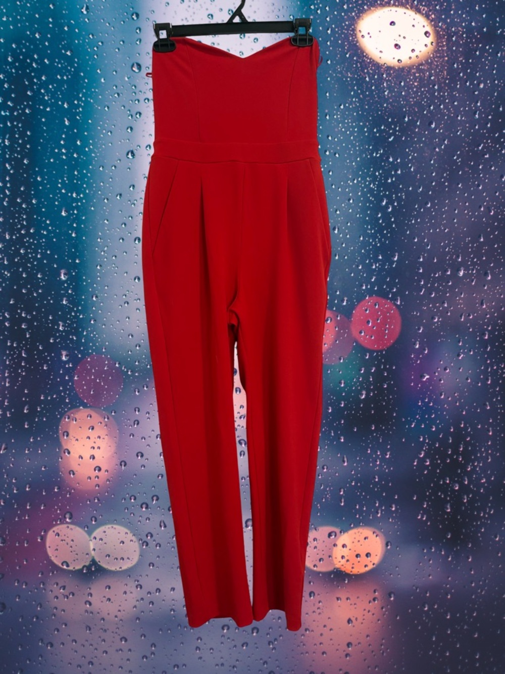 Express Strapless Red Jumpsuit – Sleek, Fitted & Statement Style